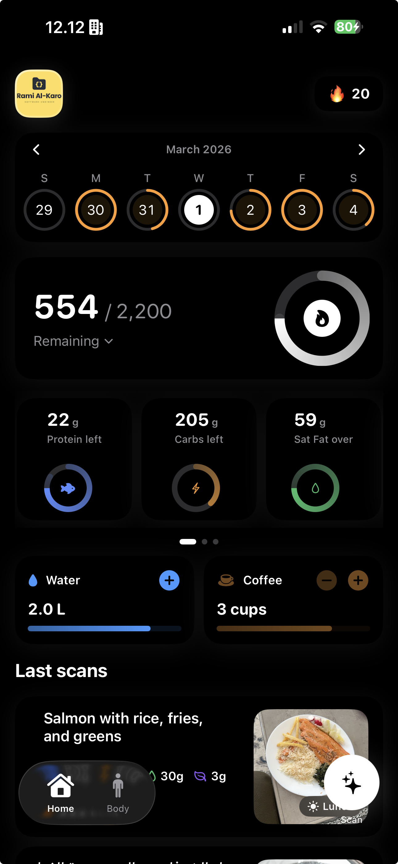 Home dashboard — 1,188 of 2,200 kcal remaining